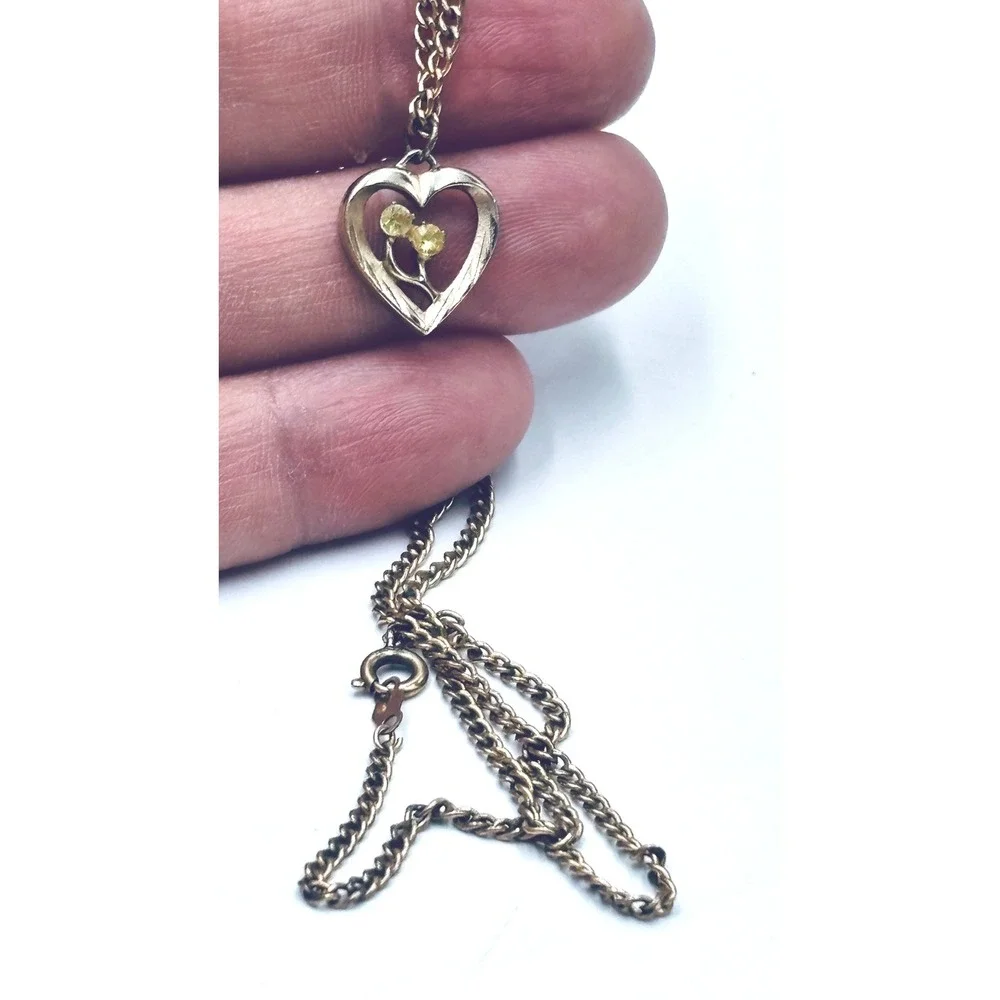 I.P.S. Vintage Gold Filled Heart Pendant Necklace Yellow Stones